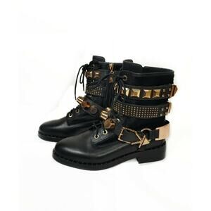 Ivy Kirzhner Black Bowery 18K Rose Gold Studded Buckle Leather Moto Boots Sz 7